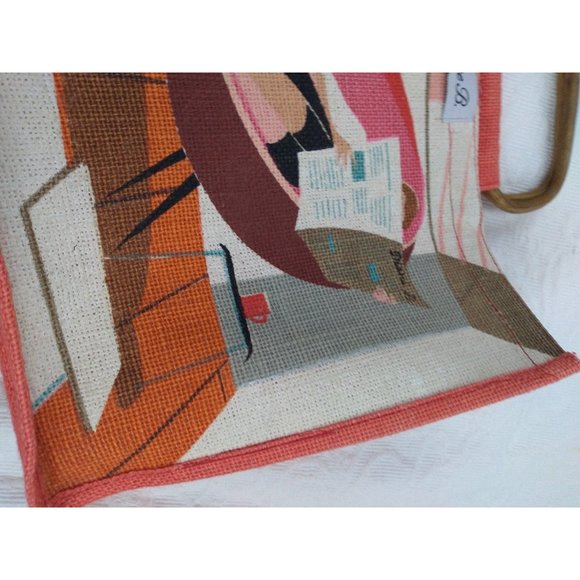 Diane B MCM style themed 'burlap' bag with wooden handle - Picture 5 of 12